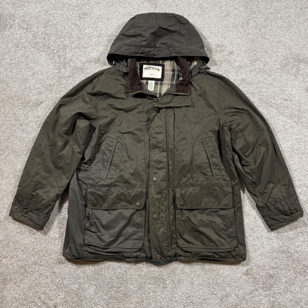 Orvis Mens XL Wax Cloth Field Jacket Hooded Waxed Cotton Coat Olive Green Plaid